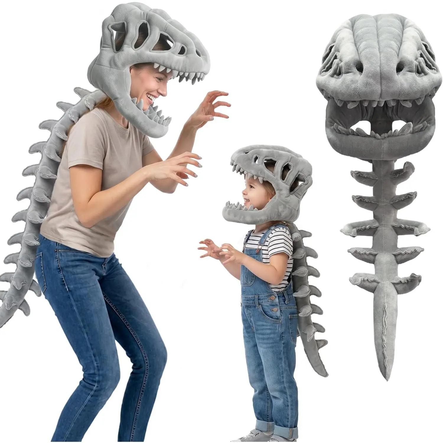 Dinosaur Skeleton Costume, Wearable Spinosaurus Skull Mask & Spine, Silly Dino Skeleton Halloween Costumes Outfit