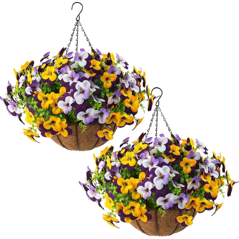 2 Set Artificial Outdoor Pansy Flowers with Hanging Baskets, 2 Hanging Baskets with 24 Pcs Silk Flowers for Spring Easter Decorations Porch Patio Home Decor (2, Purple, Yellow, White, Light Purple)