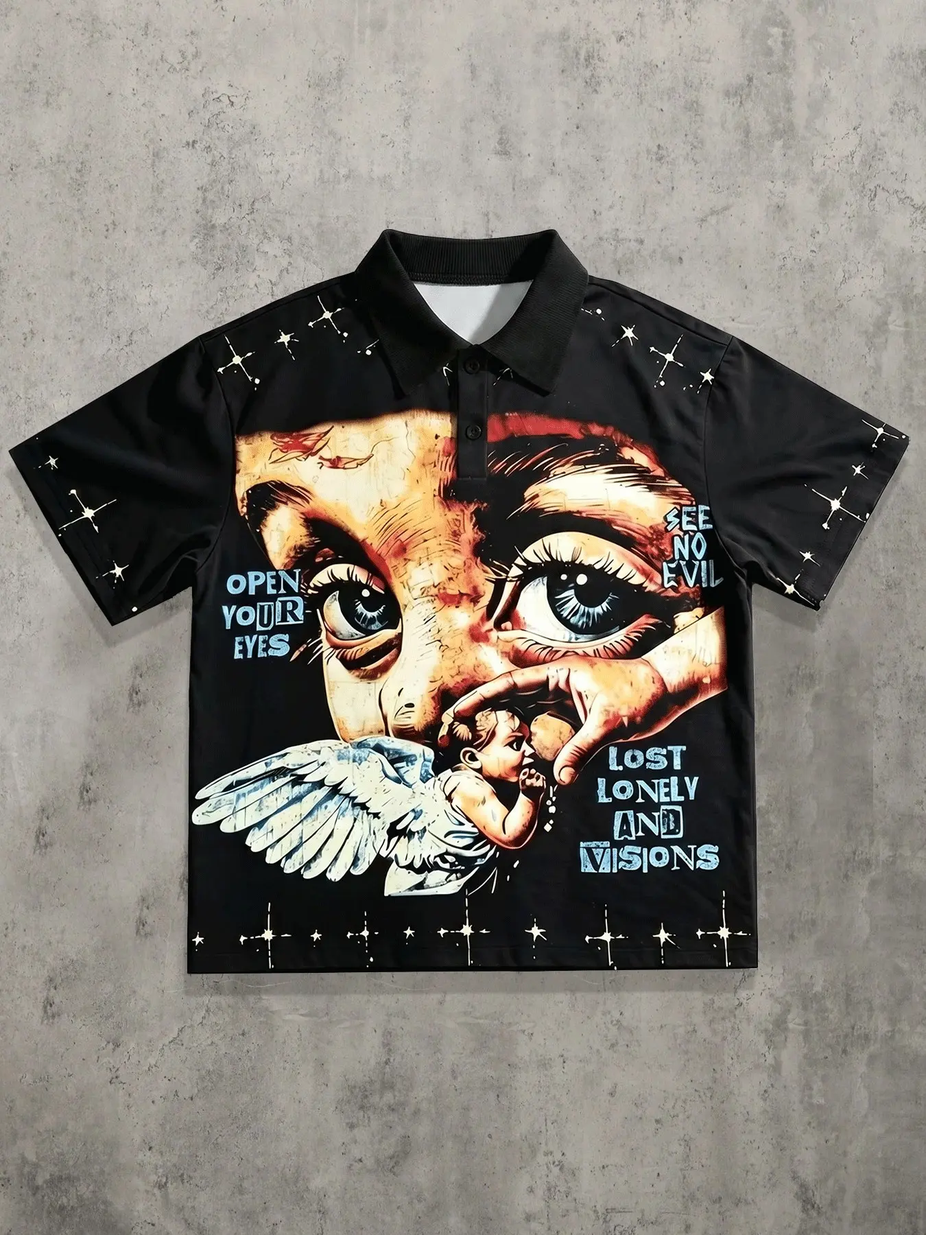 Men's Black Short Sleeve Polo Shirt, Big Artistic Crying Eye Cherub Angel Star Slogan Graphic Vintage Chicano Gothic Oversized Streetwear Collared Top for Men