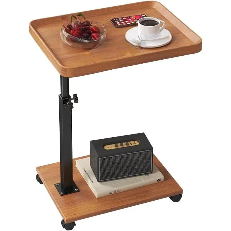 C Shape End Table Adjustable Height, 360°Swivel Side Table with Wheels, Wood and Metal TV Tray Table