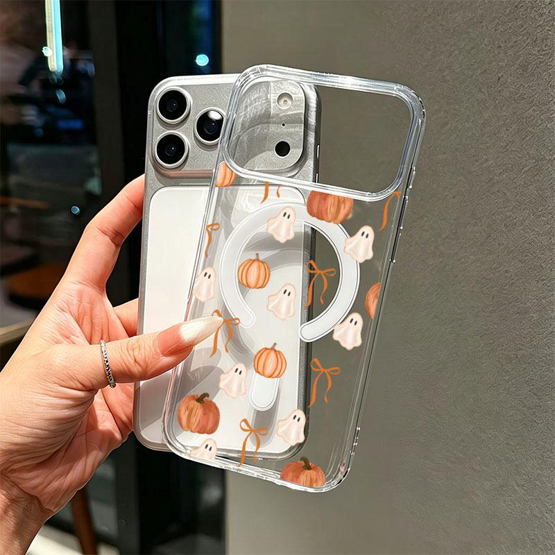 Watercolor Ghost Pumpkin Orange Bow TPU+PC Phone Case - Halloween Art for iPhone Series (17,16,15,14,13,12,11 Plus Pro Max) - Cute Autumn Tender Surprise Gift