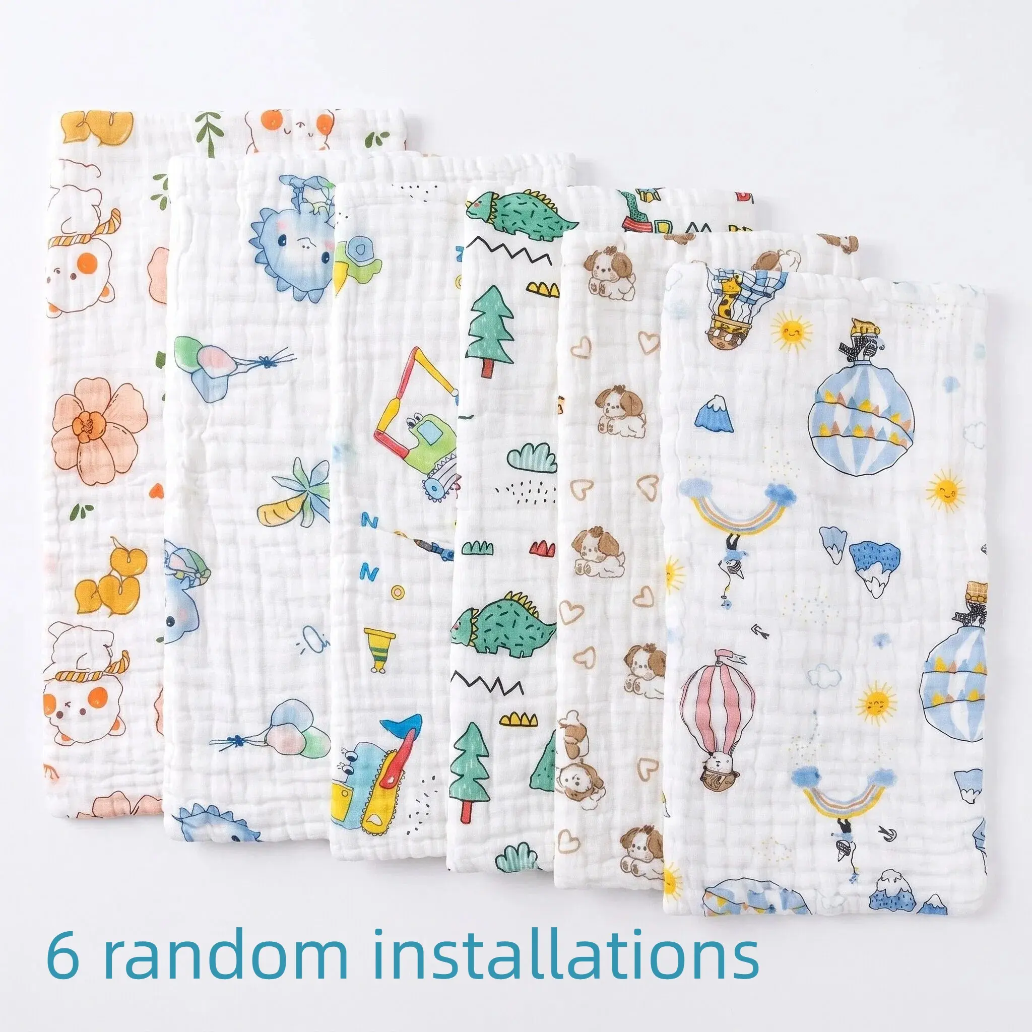 TDHD. Six-Pack Random Combo Baby Towels, Fun Print, Breathable Absorbent Burp Cloths, 10x20in, Maternity Grade Cotton Fabric