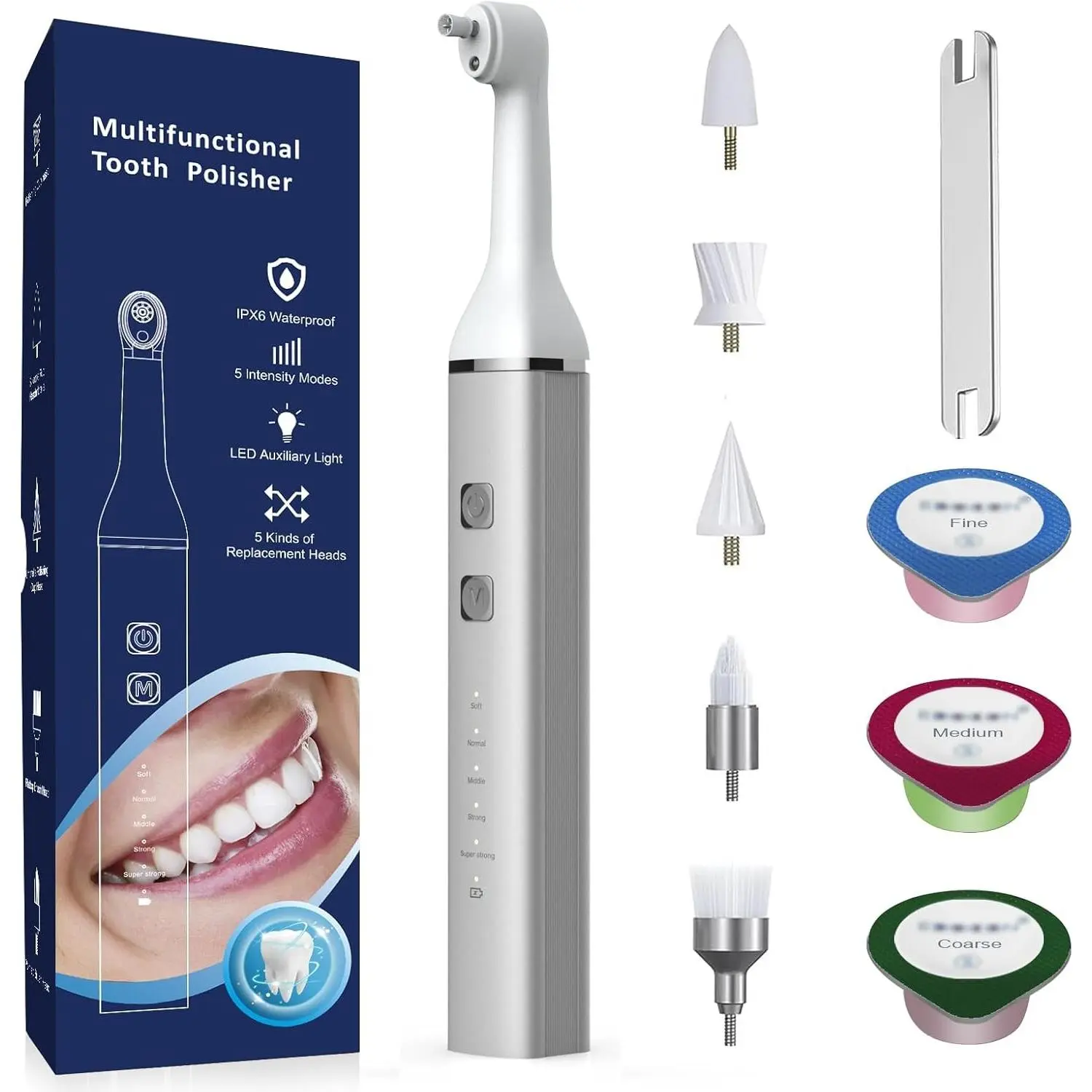 Tooth Polisher and Plaque Remover, Teeth Cleaning Tools for Cleaning and Polishing of Tooth, Dental Cleaning Tools for Brighten and Polish Teeth with 5 Brush Heads, 4 Speed Modes and 3 Polish Pastes