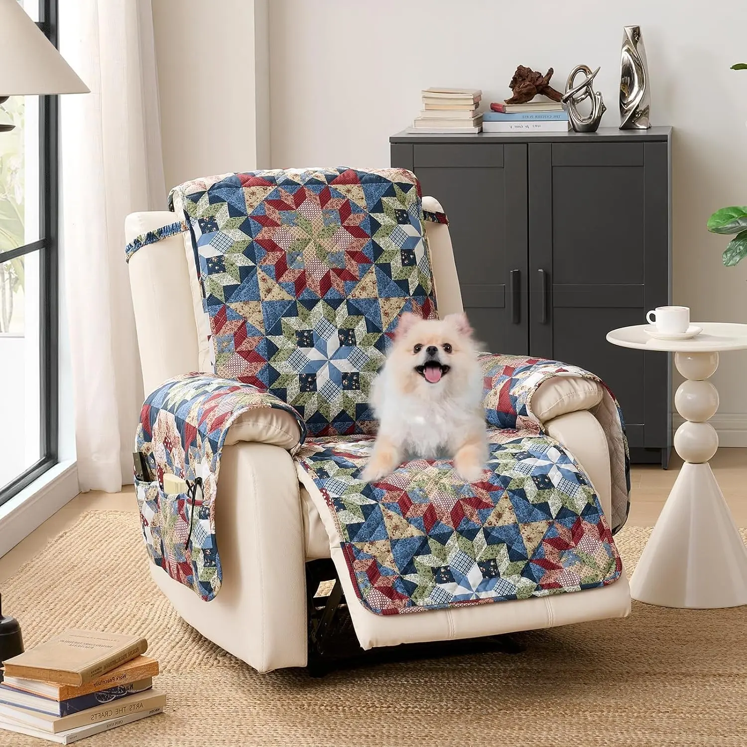Patchwork Printed Recliner Chair Covers, Soft Quilted Lazy Boy Chair Covers, Pet Friendly Recliner Cover for Sofa Couches, Washable Armchair Slipcovers Covers (Recliner 22", Patchwork Red)