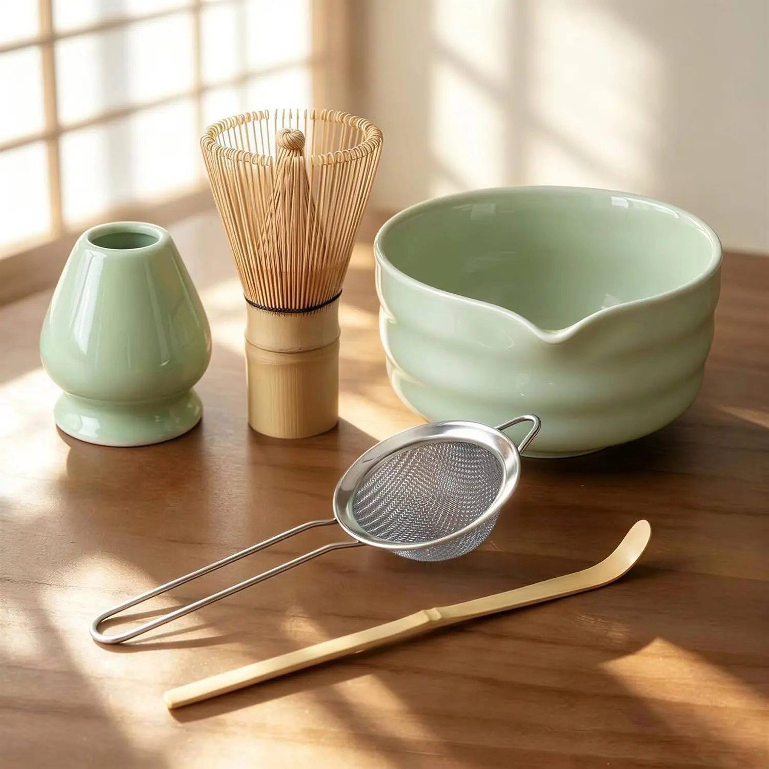 Matcha Whisk Set with Ceramic Bowl - Complete Matcha Making Kit, Bamboo Whisk (Chasen), Whisk Holder, Matcha Powder Sifter, Scoop, Japanese Tea Ceremony Tools（Green）