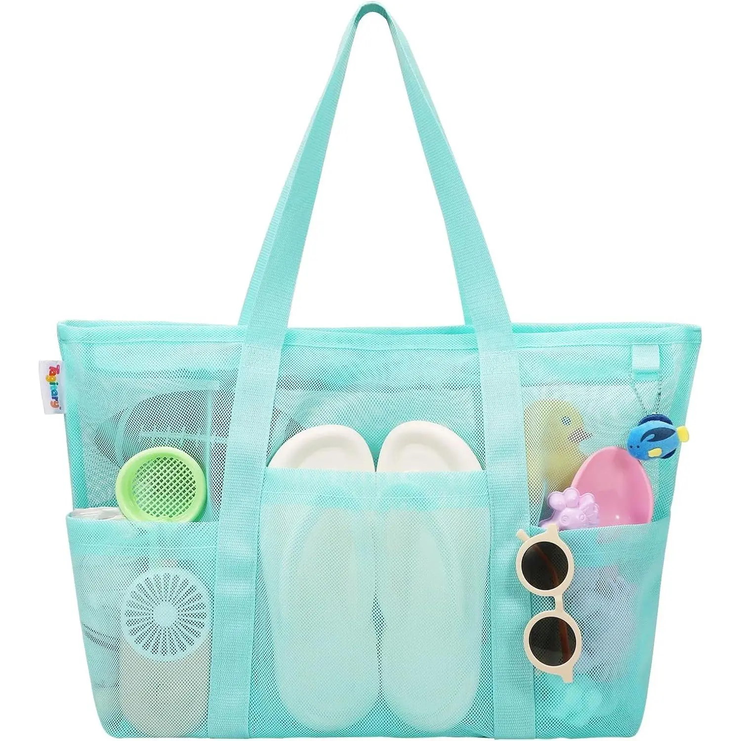 Mesh Beach Bag with Zipper Large Beach Tote Waterproof Sandproof with 8 Pockets for Toys Pool Bag Beach Accessories
