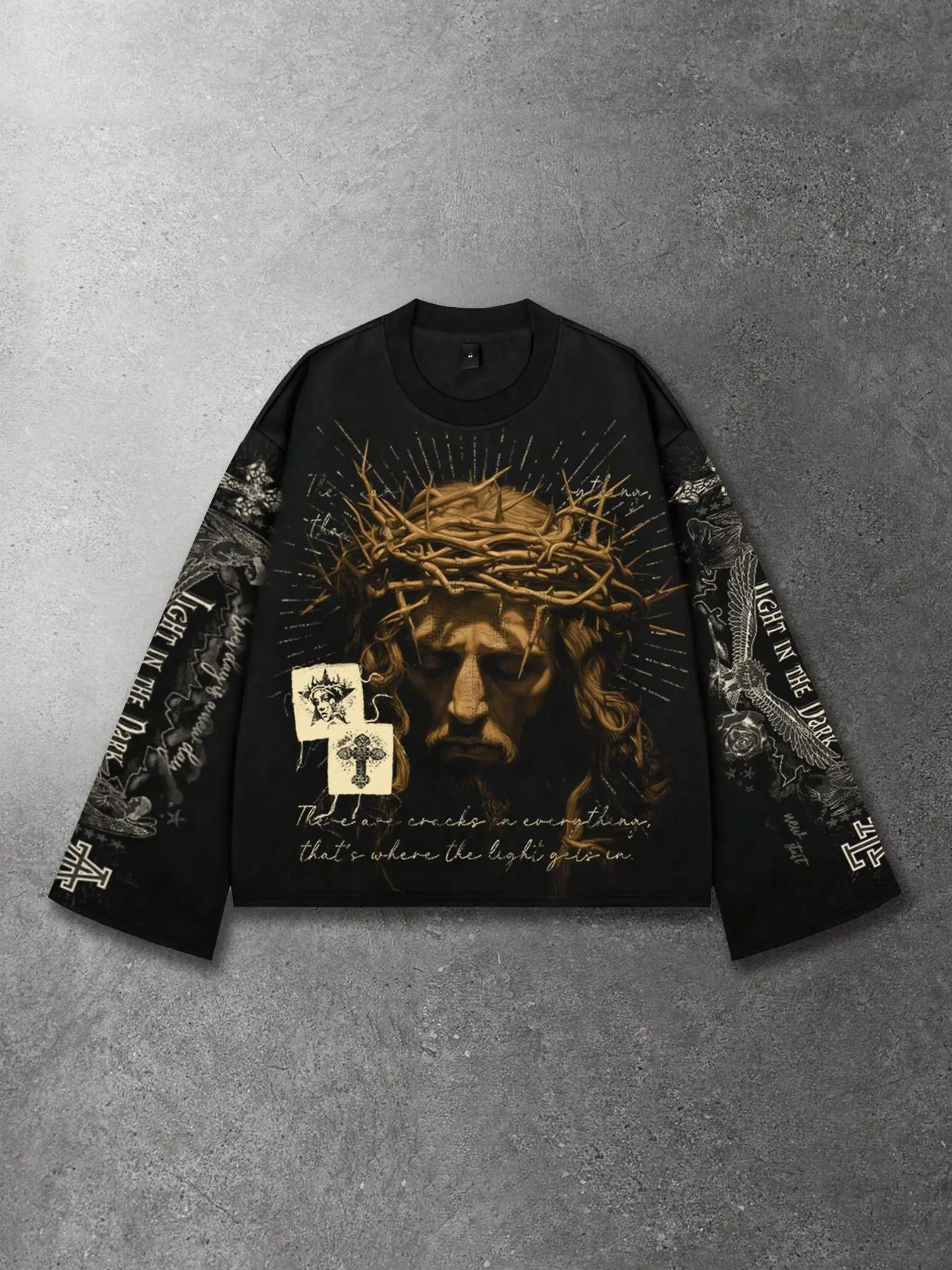 Thorn Crown Jesus Head Double Sleeve Retro Stamp Cross Crown Pattern Graphic LIGHT IN THE DARK Calligraphy Wings Rose Long Sleeve Classic T-Shirt, Loose Short Crew Neck Casual Top, Unisex Style, Everyday Streetwear, High Street Trendy Outfit.