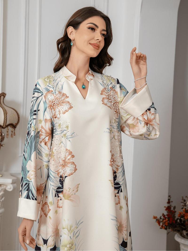 Women's Floral Print Long Sleeve Dress, Kaftan Dress, Elegant Fashion Casual Long Dress for Daily Outdoor Wear, Women's Islamic Clothing for All Seasons, Islamic Muslim Clothing, Modesty Muslim Clothing, Muslim Women Gowns