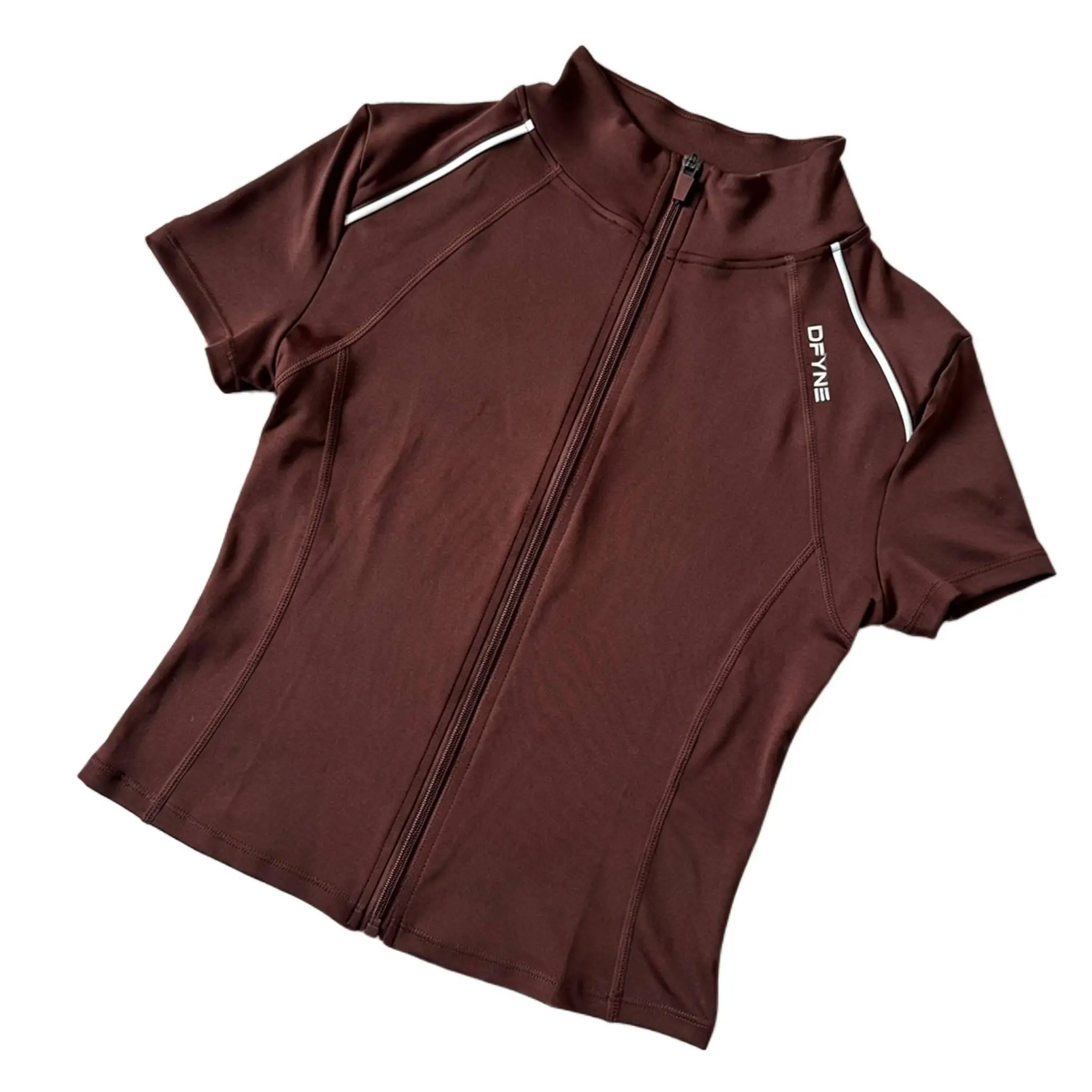 DFYNE Women’s Short Sleeve Full Zip Workout Top - Slim Fit High Neck Athletic Gym Running Shirts with Contrast Piping