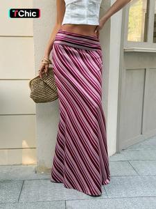 Pink Purple Striped Diagonal Women's Maxi Skirt High Waist Foldover Waistband Elastic Pull On Stretch Jersey Knit Flowy Bodycon Boho, Bohemian Vacation Beach Cover Up Resort Wear Summer Light Drape Retro Y2K Slimming Street Style Sunset Outfit Lightweight