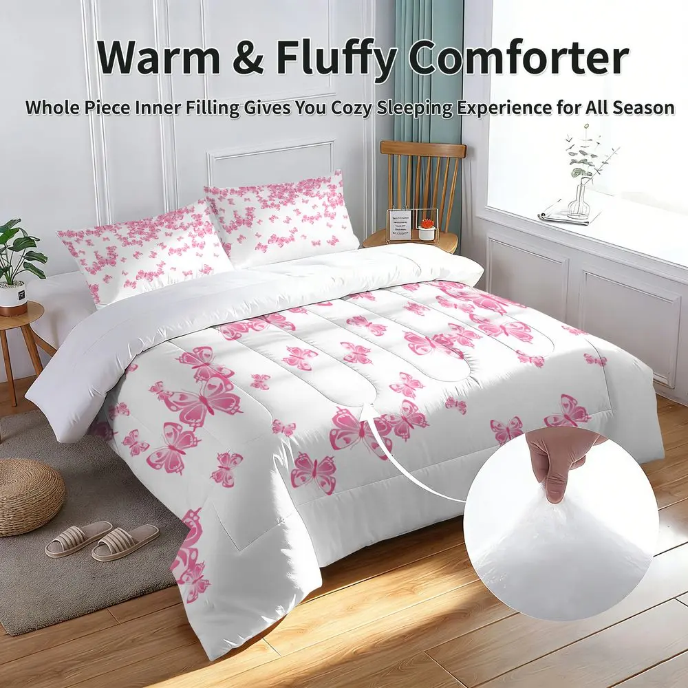 2/3Pcs Pink Butterfly Comforter Set, Soft Aesthetic Bedding Set for Girls Teens Bedroom, Cute Floral Print Quilt Bedspread with Pillowcase, Lightweight All-Season Bedding Decor No Pillow Core