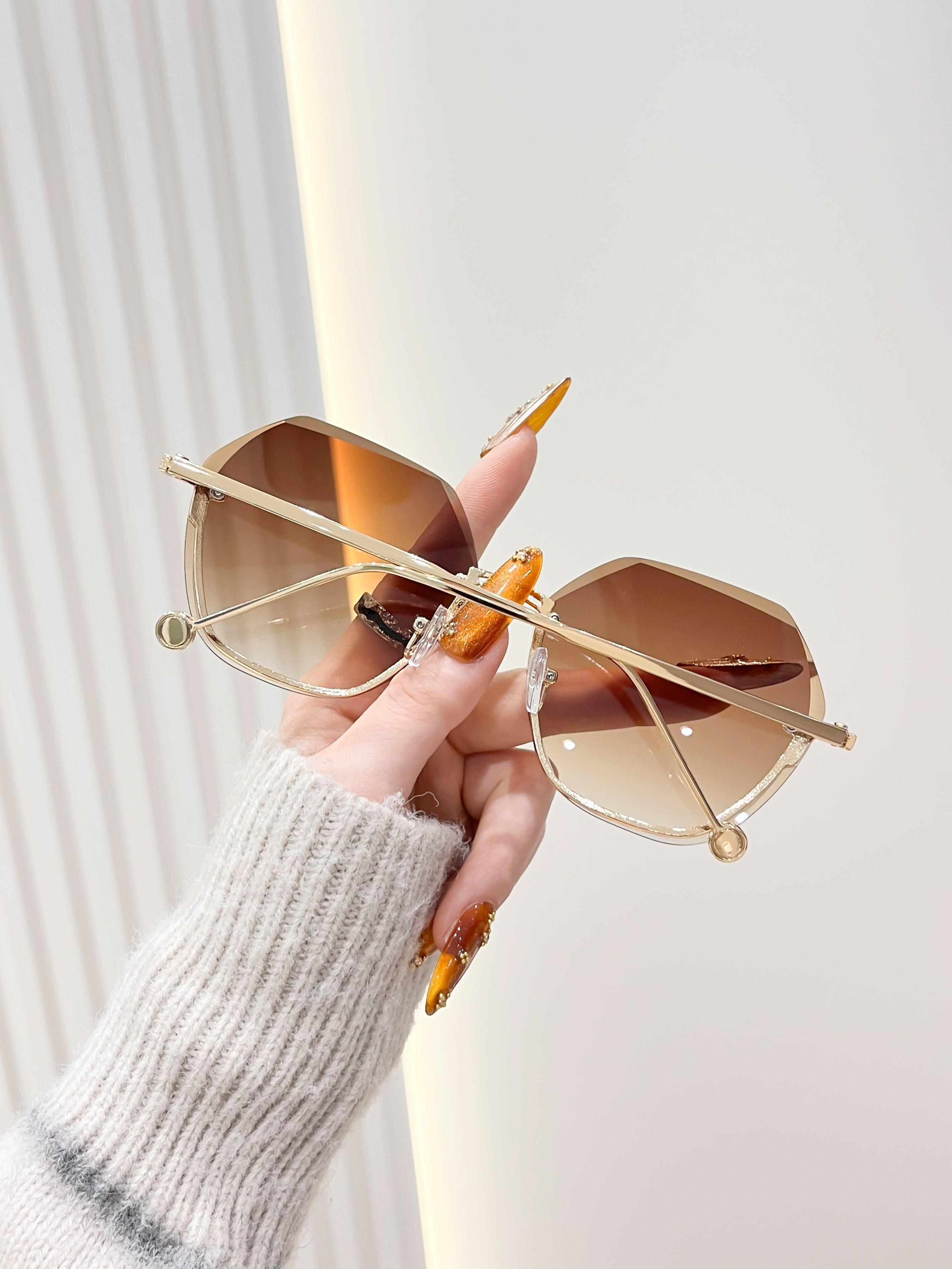 Elegant Gold Gradient Frameless Sunglasses for Women, Hexagonal Large Metal Arms, UV Protection Multi-Color Shades Ideal for Party, Daily Wear, Travel & Holiday Gifting