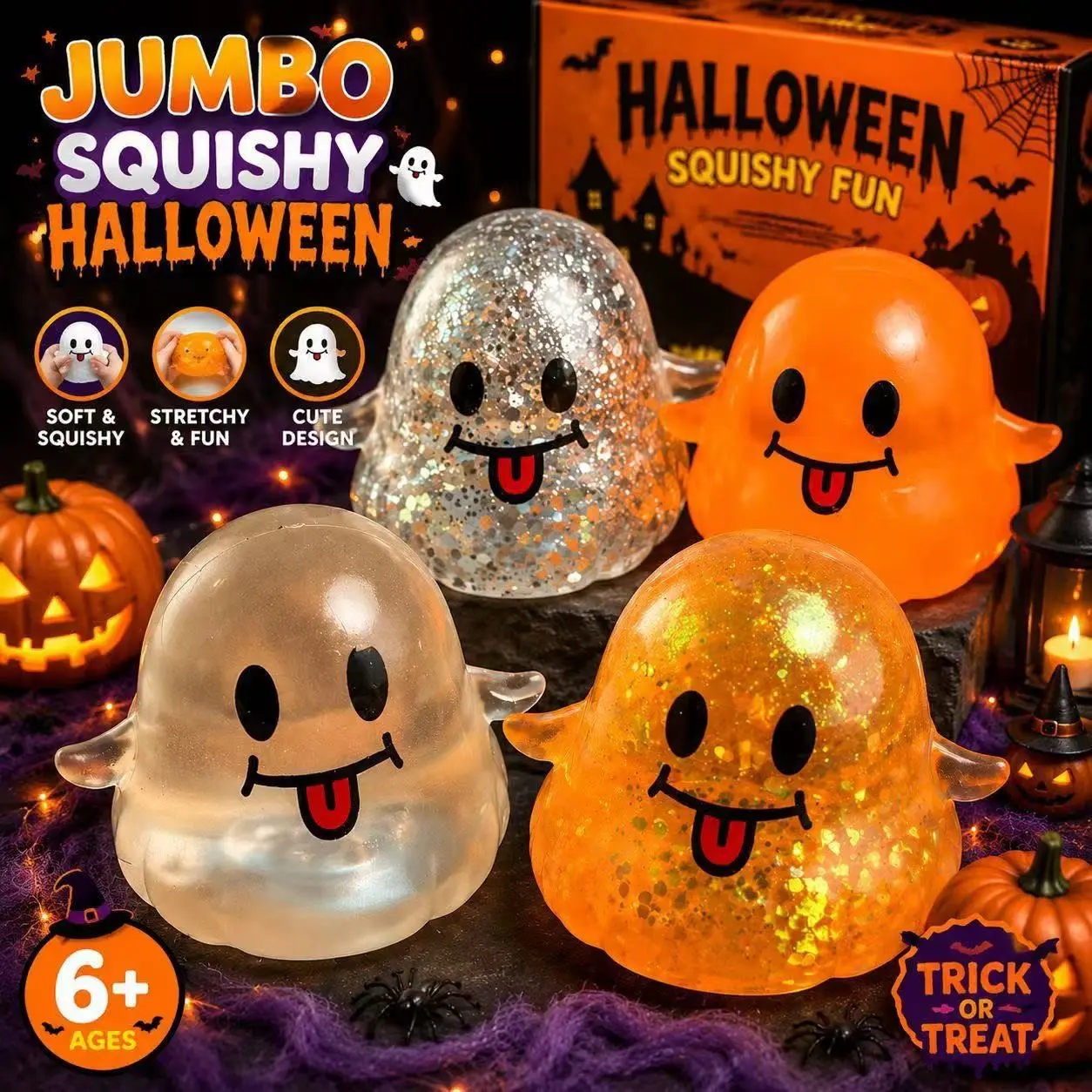 Multiple Transparent Glitter Ghost Squishy Toys, Retro Halloween Style, Stress Relief, Family Fun, Halloween Party Leisure Toy