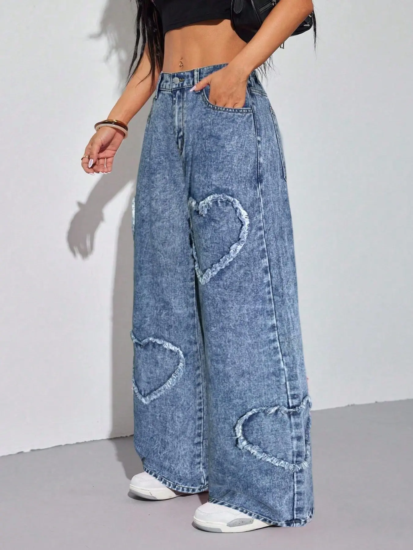 Snowflake Washed Heart Frayed Wide Leg Jeans, Y2K Retro Loose High Waist Long Pants, Casual All Seasons Jean Bottoms