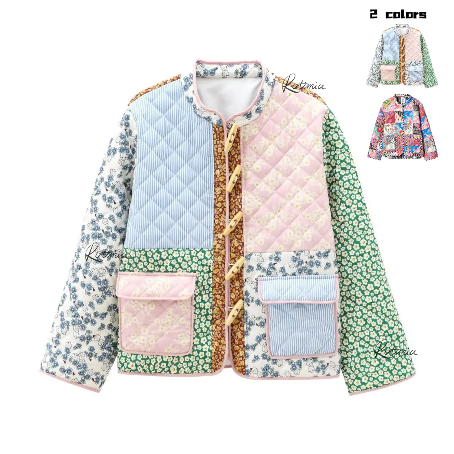 Retro Floral Color-blocked Long-sleeved Loose-fitting Quilted Jacket, A Warm and Casual Outerwear Piece Suitable for Women's Everyday Wear.