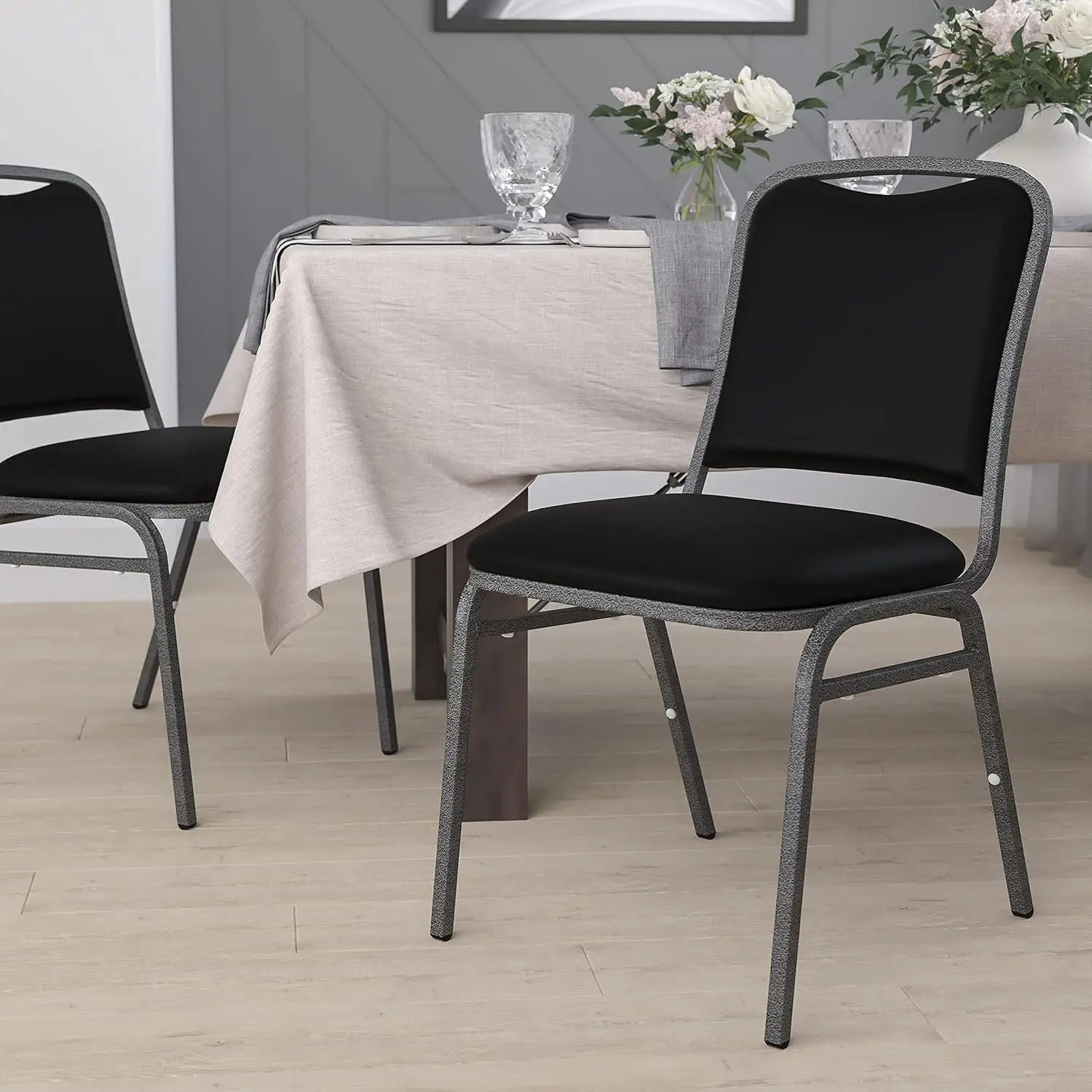 Stacking Banquet Chair, Black Vinyl Upholstery, Silver Vein Sturdy Frame for Kitchen & Dining Events