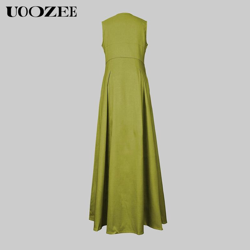 UOOZEE Women's Summer Casual Elegant A-line Loose Pleated Pockets Zipper Round Neck Long Minimalist Dress. Smaller Bust Fit One Size Up Recommended for C - Cup Above & smaller bust can order a normal size. Multiple colors, Sleeveless Womenswear Check