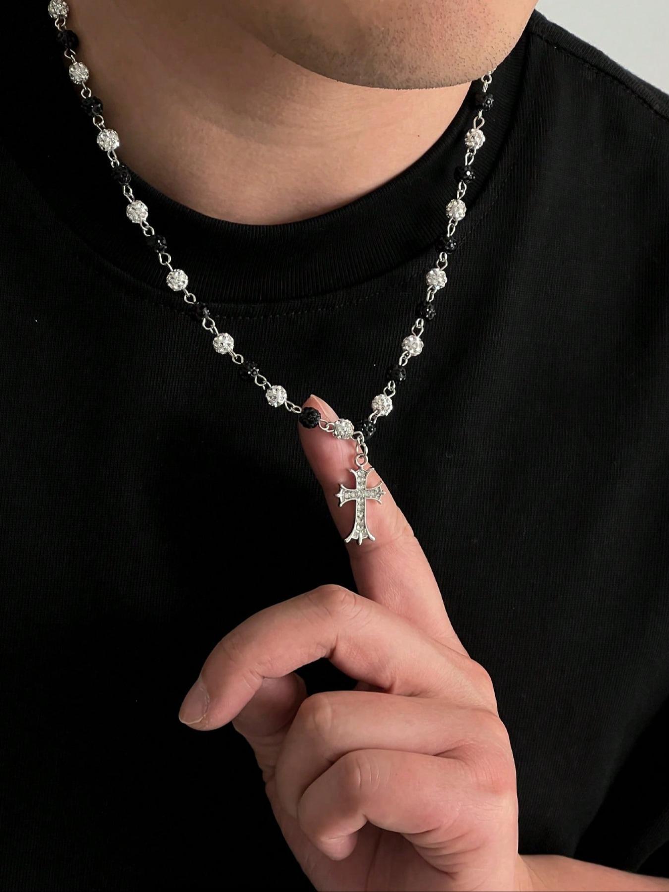 Vintage Stylish Simple Rhinestone Cross Decorated Imitation Pearl Necklace, Men's Hip Hop Punk Jewelry for Elegant Charm, Bling Necklace, Pearl Chain Necklace