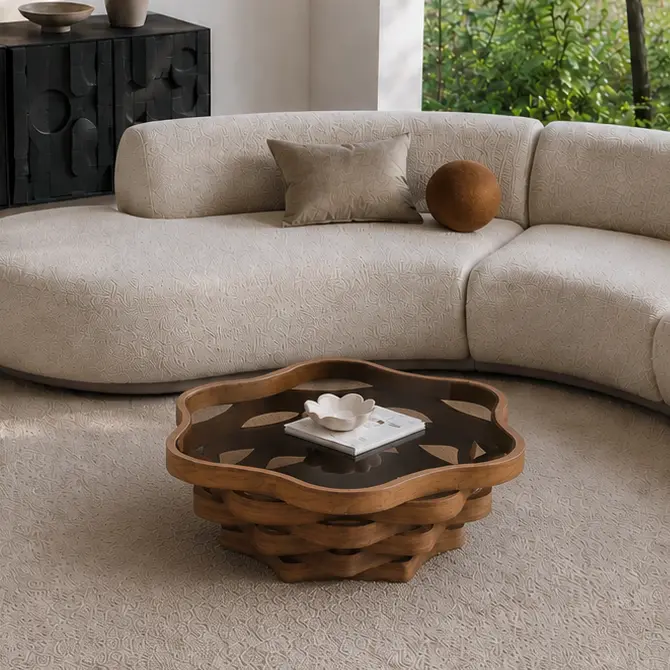 ARCH 35.83" Unique Irregular Cloud Shaped Coffee Table with Tempered Glass Top, Multi-Layer Wave MDF Base Modern Artistic Cocktail Table for Living Room Apartment Home Decor Furniture, Living Room Table for Sofa Side, Bedroom, Office