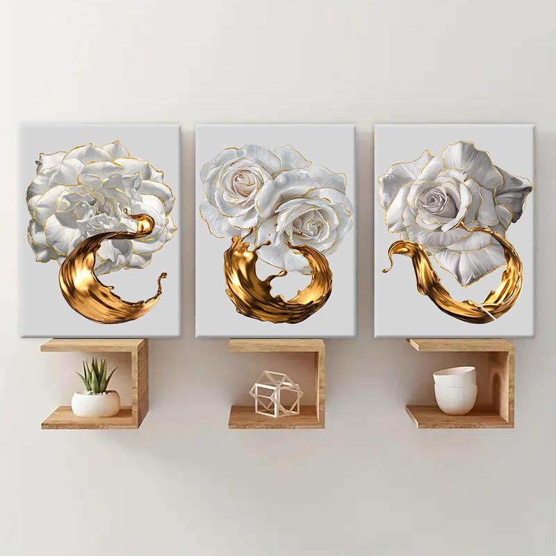 Wooden Framed Canvas Painting, 3 Counts/set Flower Pattern Wall Art, Modern Art for Home Living Room Bedroom Office Decor