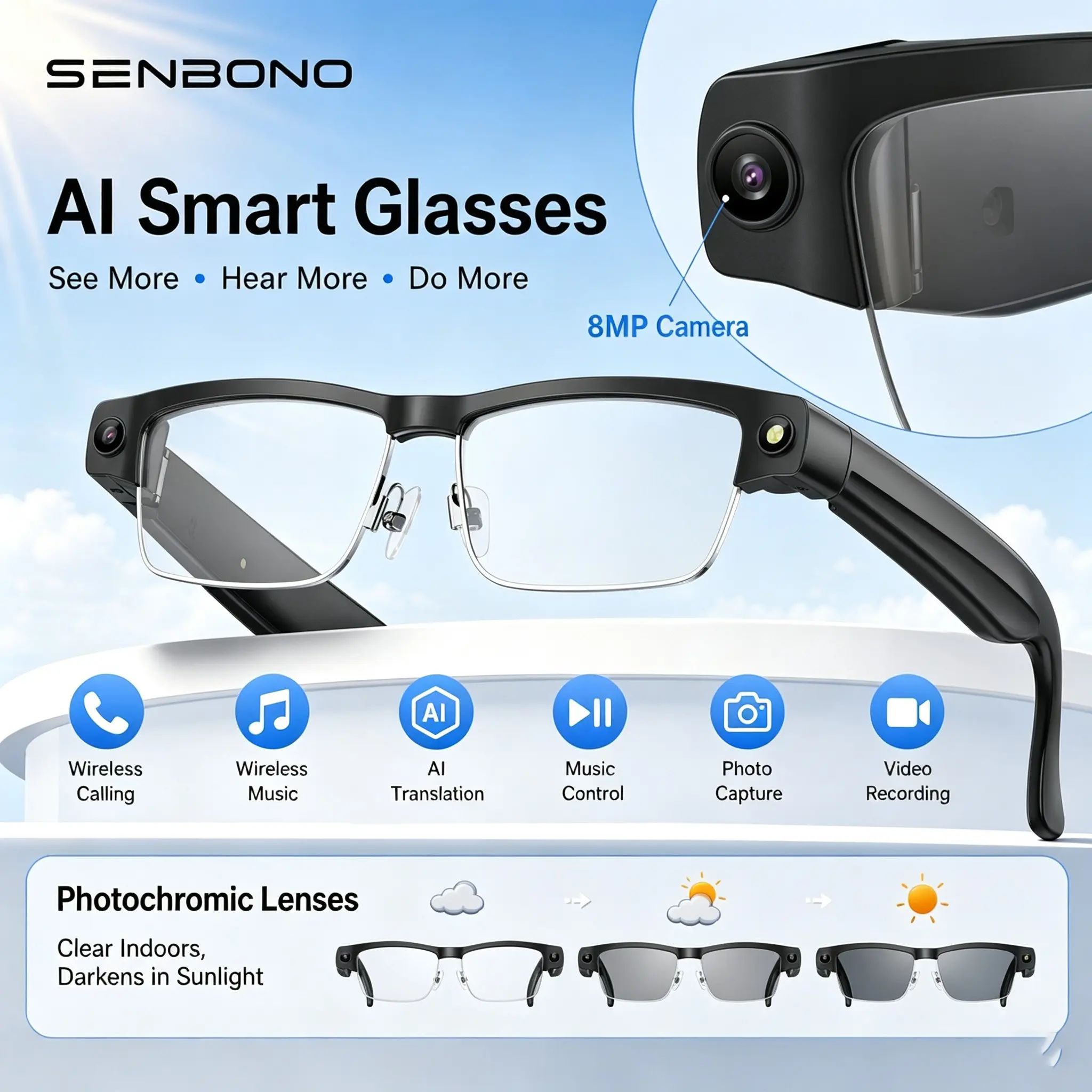 SENBONO Lightweight AI Camera Glasses, 43g Ultra-Light Body, 8MP Anti-Shake Camera, Video Call Translation — Ideal for Study Abroad & Business Trips