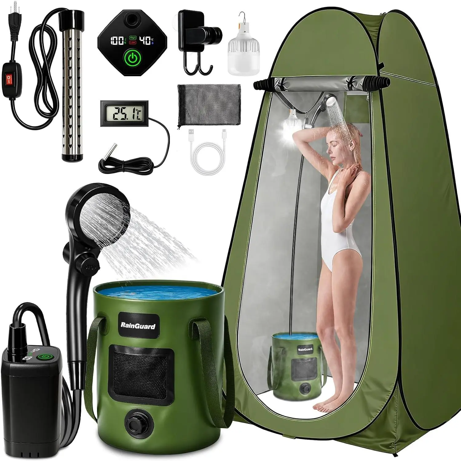 Portable Shower with Heater, Pop Up Camping Shower Privacy Tent Kit with LED Lights, 6000mAh Rechargeable Shower Pump, 6.6 Gal Foldable Bucket, Outdoor Camp Shower Kit for Travel, Pet Bath, Car Wash