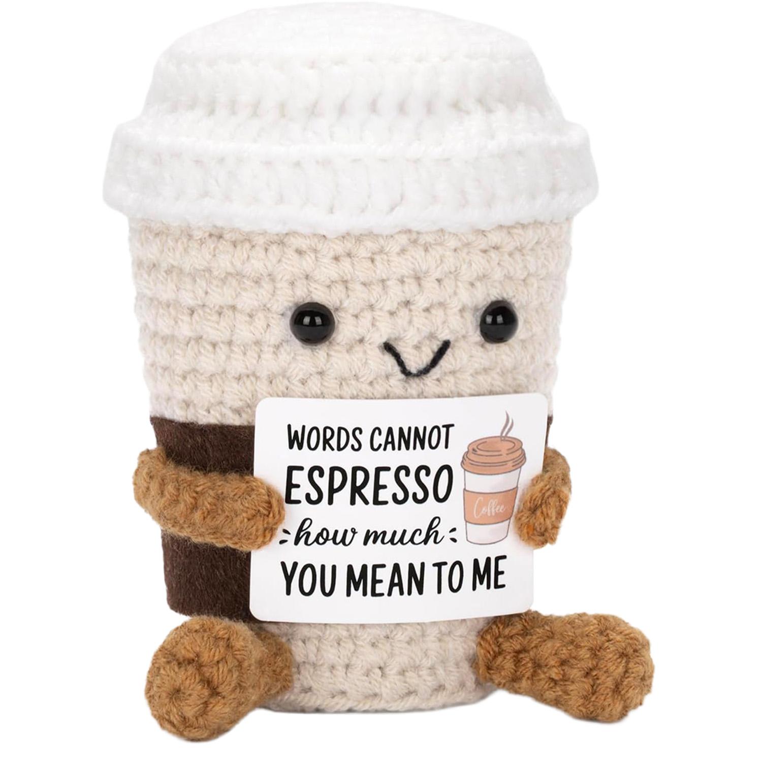 Positive Crochet Coffee Potato Emotional Support Doll, Funny Cute Knitted Potato Partner Toy with Inspirational Positive Card, Perfect Cheer Up Gag Gift for Best Friend Birthday, Women, Teacher & Fall Holiday Surprises to Bring Warmth & Encouragement