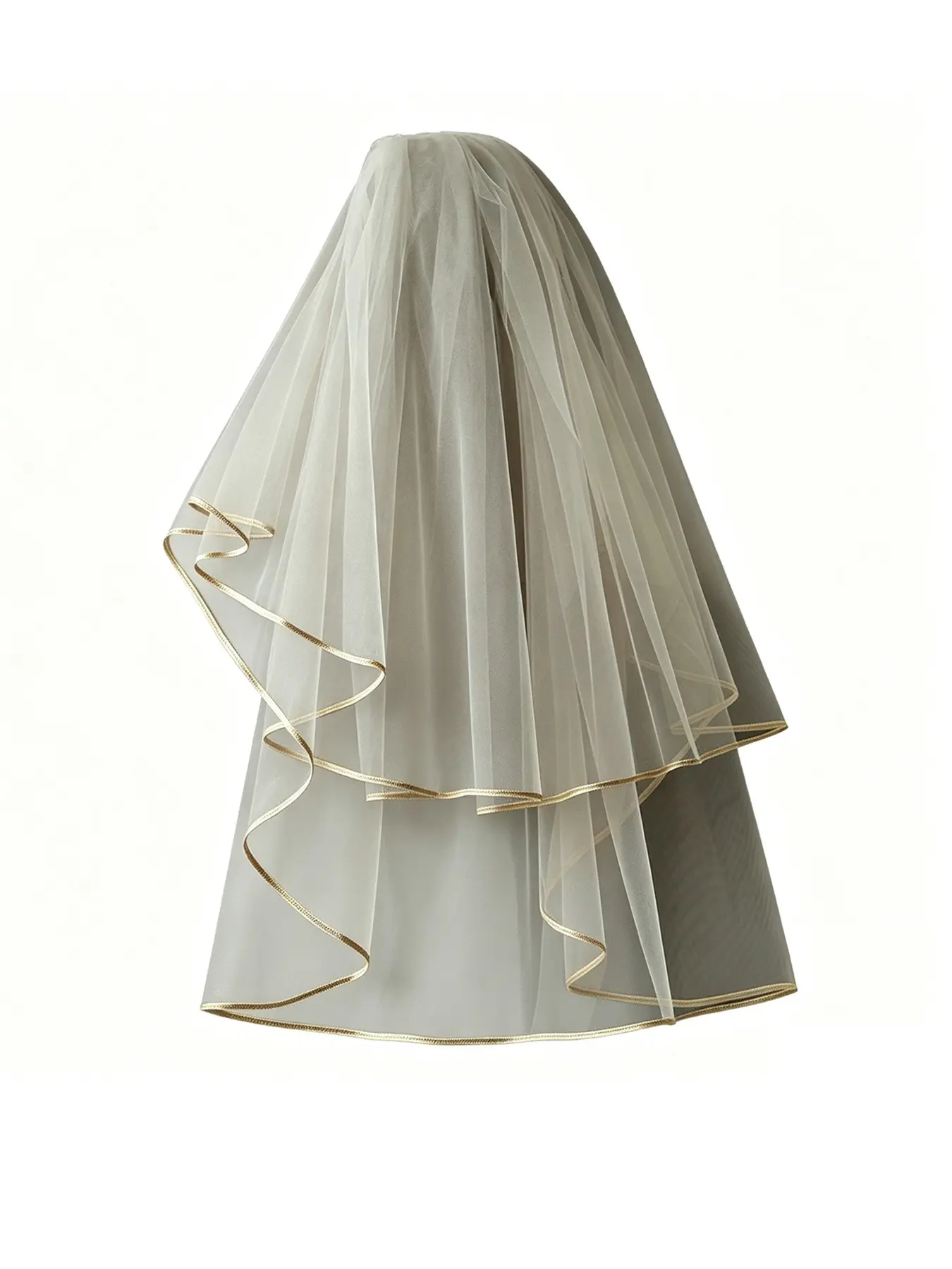 Elegant Champagne Color Bridal Veil with Ribbon Trim, Wrinkle-Resistant Lightweight Fabric, Perfect for All-Year Wedding Styles