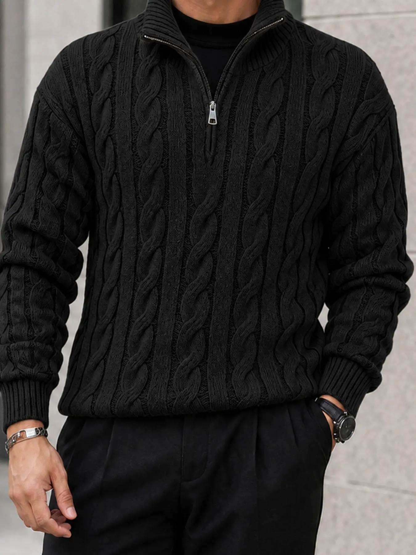 Men's Thick Cable Knit Jumper Long Sleeve Tops, Half Zip Stand Collar, Soft Warm Stretch Fabric, Relaxed Fit, 4 Neutral Tones, Fall Winter Casual Wear Knitwear