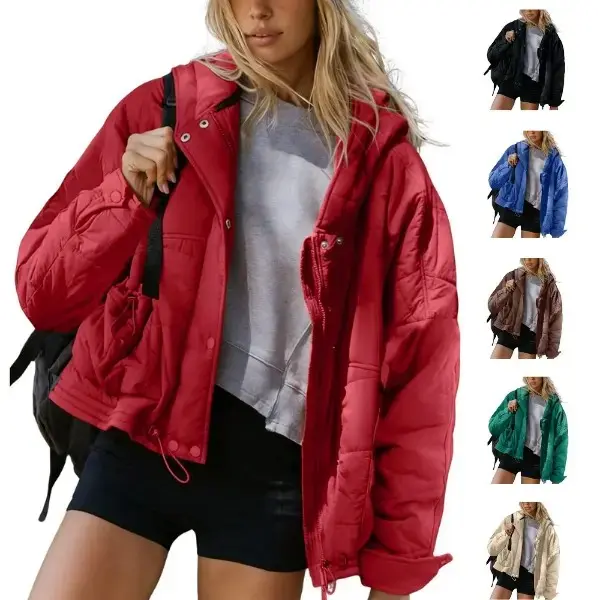 Women's Oversized Quilted Puffer Jacket Hooded Long Sleeve Lightweight Warm Coat With Pockets