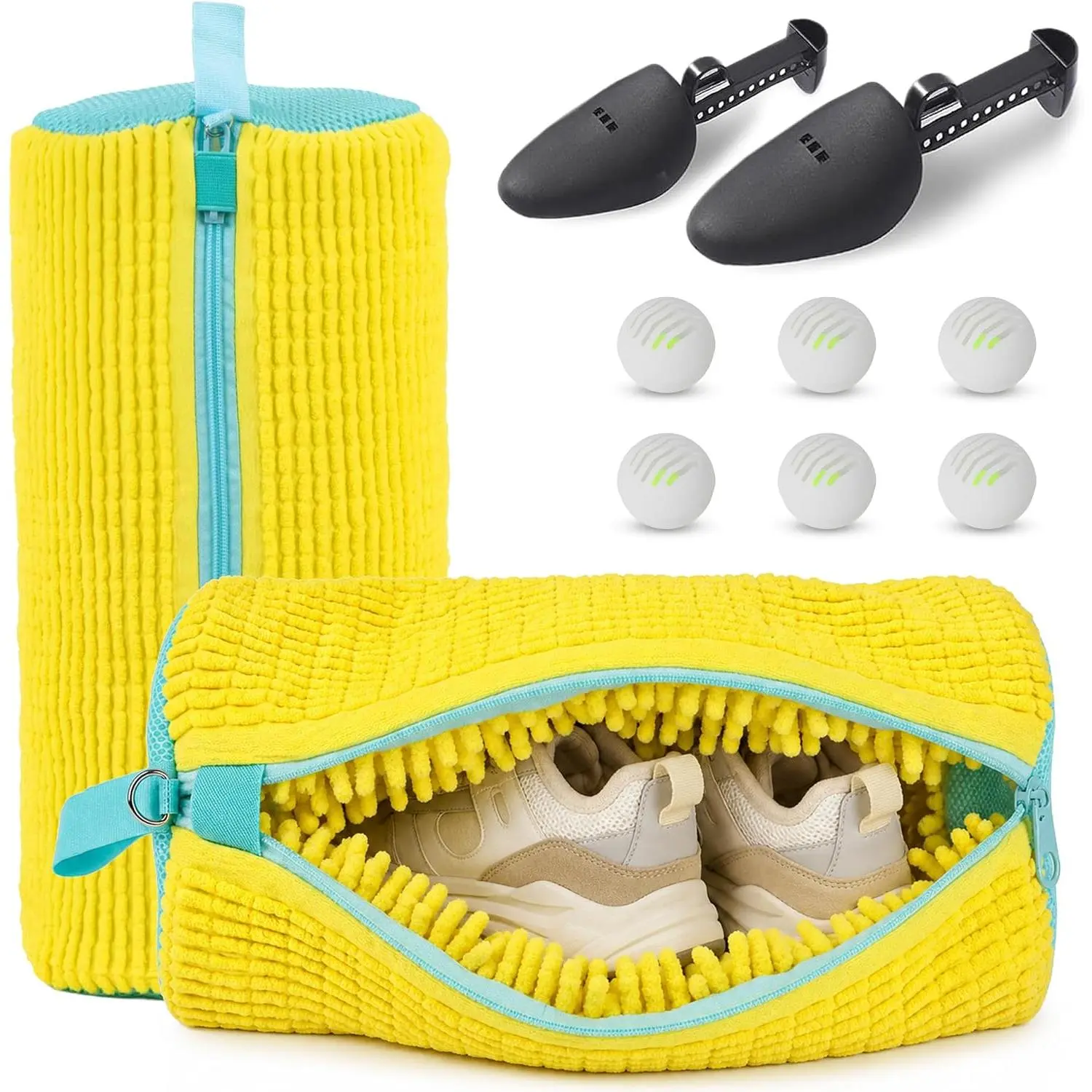 Shoe Washing Machine Bag – 2 count Shoe Cleaning Laundry Bags for Sneakers | Shoe Trees and 6 Deodorizer Balls Included, Secure Zip Lock Sneaker Washing Machine 360° Deep Shoe Cleaning Bag