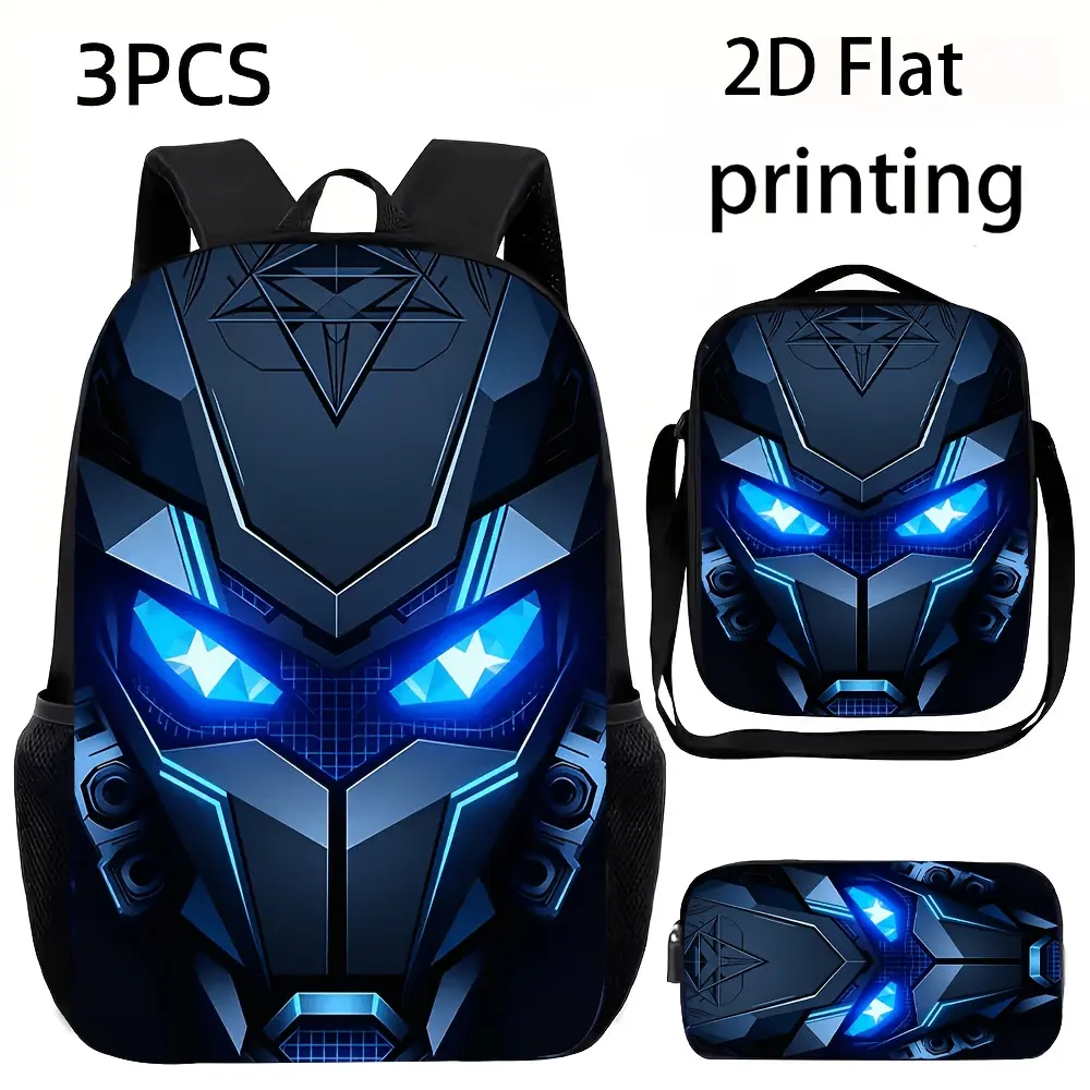 Durable Water Resistant 3-Piece Backpack Set for Kids, Lightweight School Bag with Lunch Box, Dark Metallic Robot Helmet Glowing Blue Star Eyes 2D Flat Print, Includes Large Rucksack, Thermal Lunch Tote & Stationery Pouch