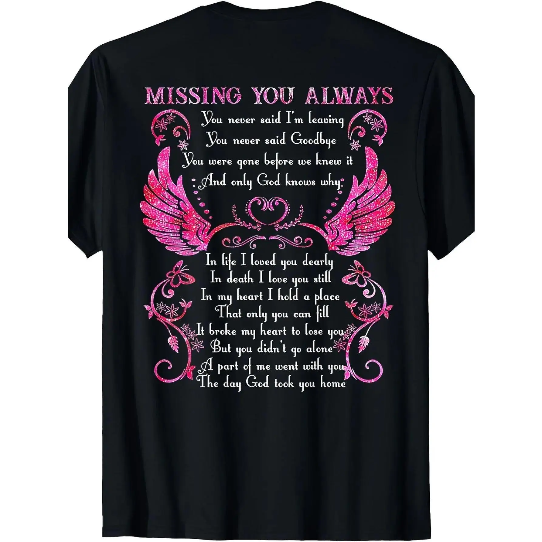 In Loving Memory Mom & Dad in Heaven T-Shirt - Unisex Adult Cotton Knit Bereavement Top, Angel Wings, Heart Poem, Round Neck Short Sleeve, Plus Size, Hand Wash Sympathy Gift for Parent Loss