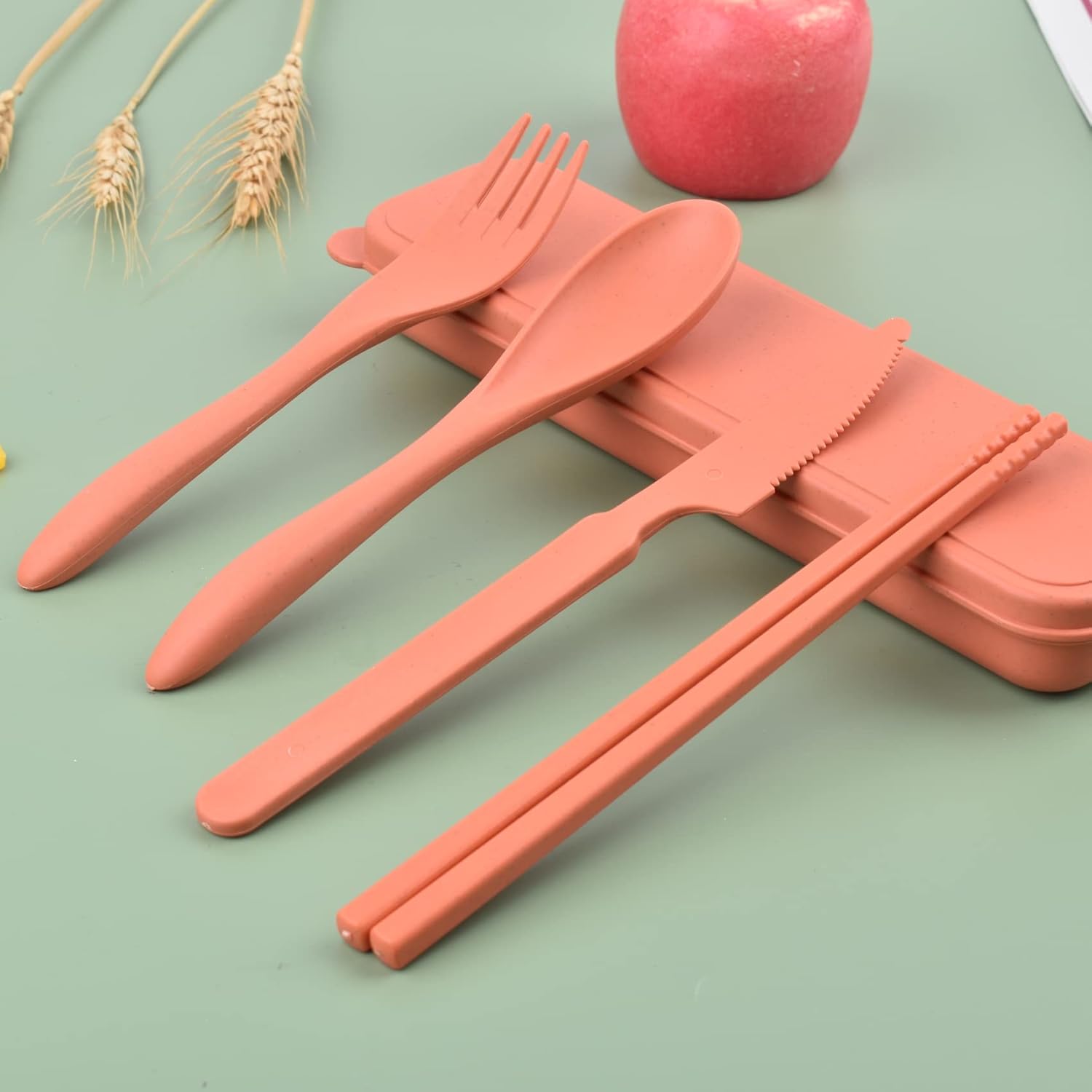 Utensils Set with Case, 4 Sets Wheat Straw Travel Cutlery Set, Portable Spoon  Fork Chopsticks Lunch Box Utensil Set for  Adults