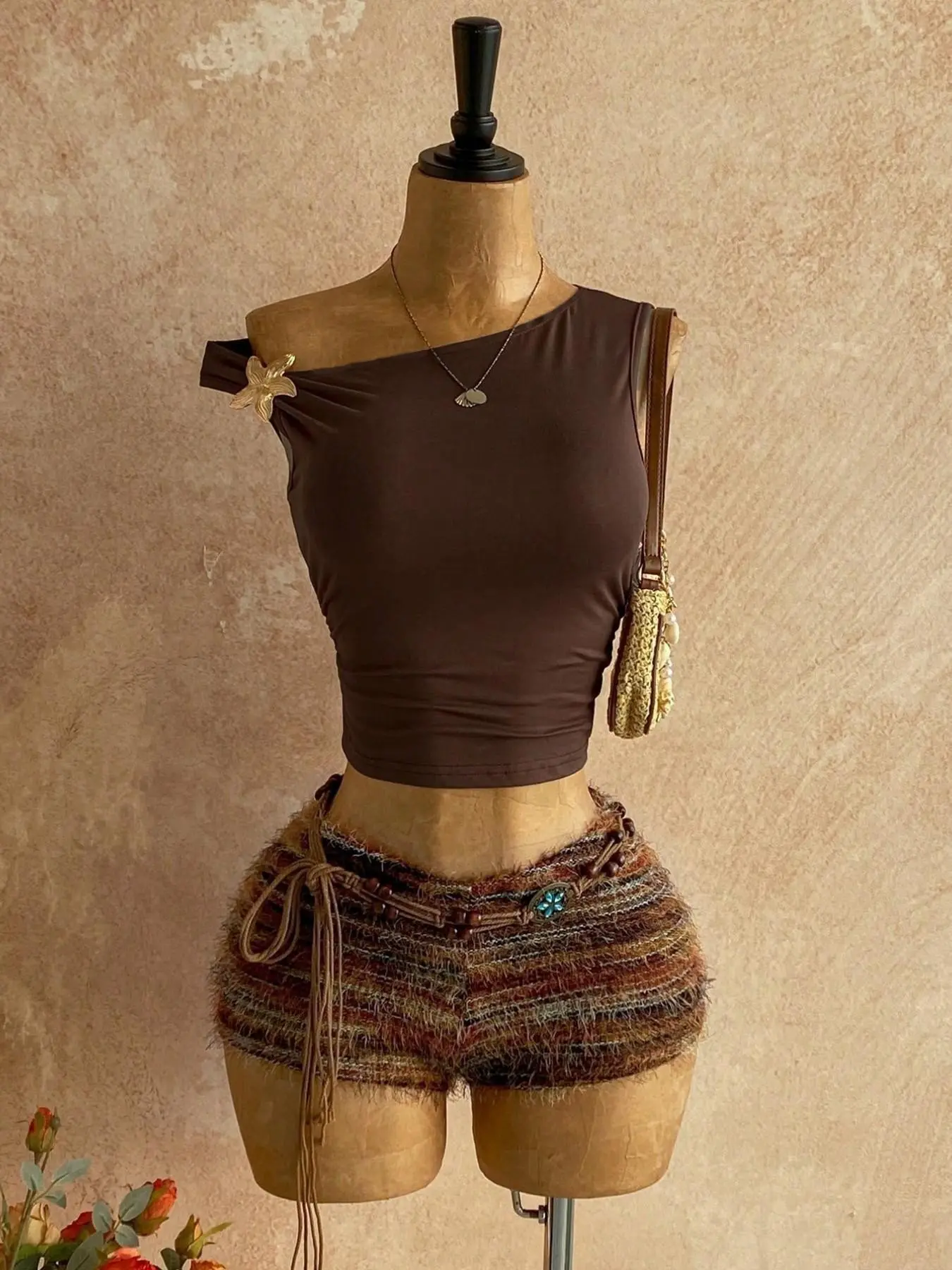 Asymmetrical Shoulder Floral Ruched Short Tank Top  Colorblock Fuzzy Tie Shorts Set  Two-Piece for Women Clothes