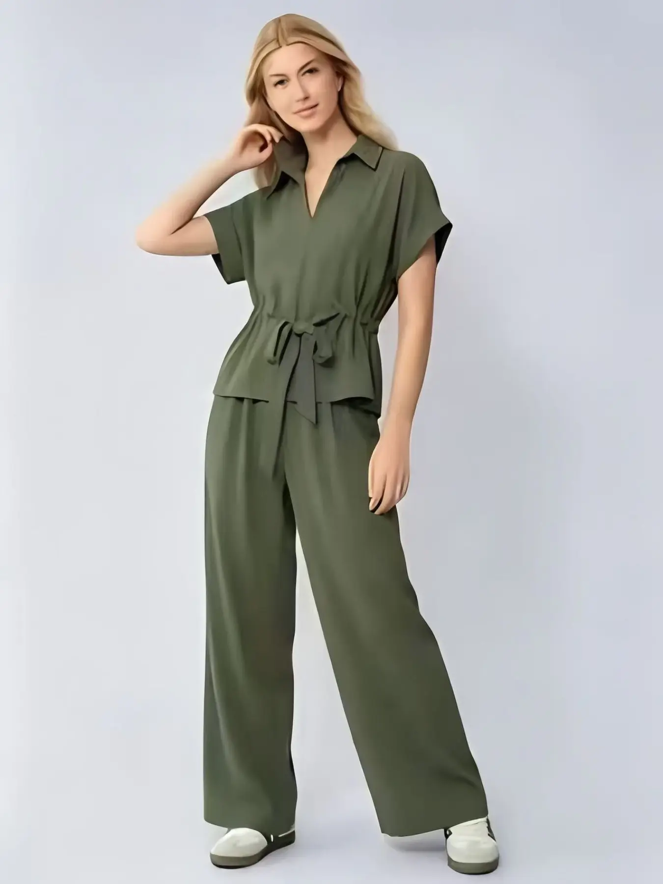 Summer Collared Short Sleeve Shirt and Wide Leg Pants Set for Women, Casual Loose Fit, Office Style, Office Wear, Comfortable and Stylish