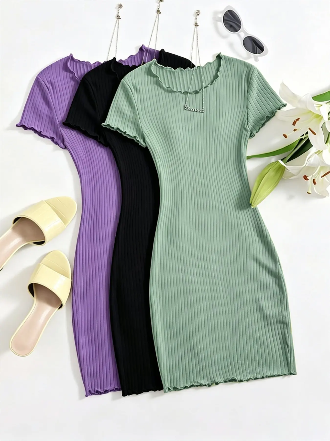 Elegant Women's Ribbed Round Neck Tight Bodycon Boho Style Dress, High Elasticity, 3-Piece Set, Chic and Comfortable, Bohemian Casual Wear, Summer, Perfect for Daily Wear
