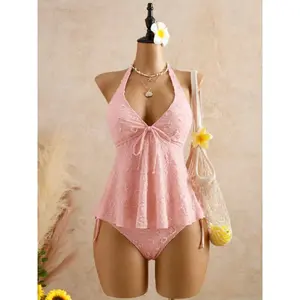 2026 New Two-Piece Lace Swimwear, Halter Neck Tie Ruffled Flounce Split Bikini for