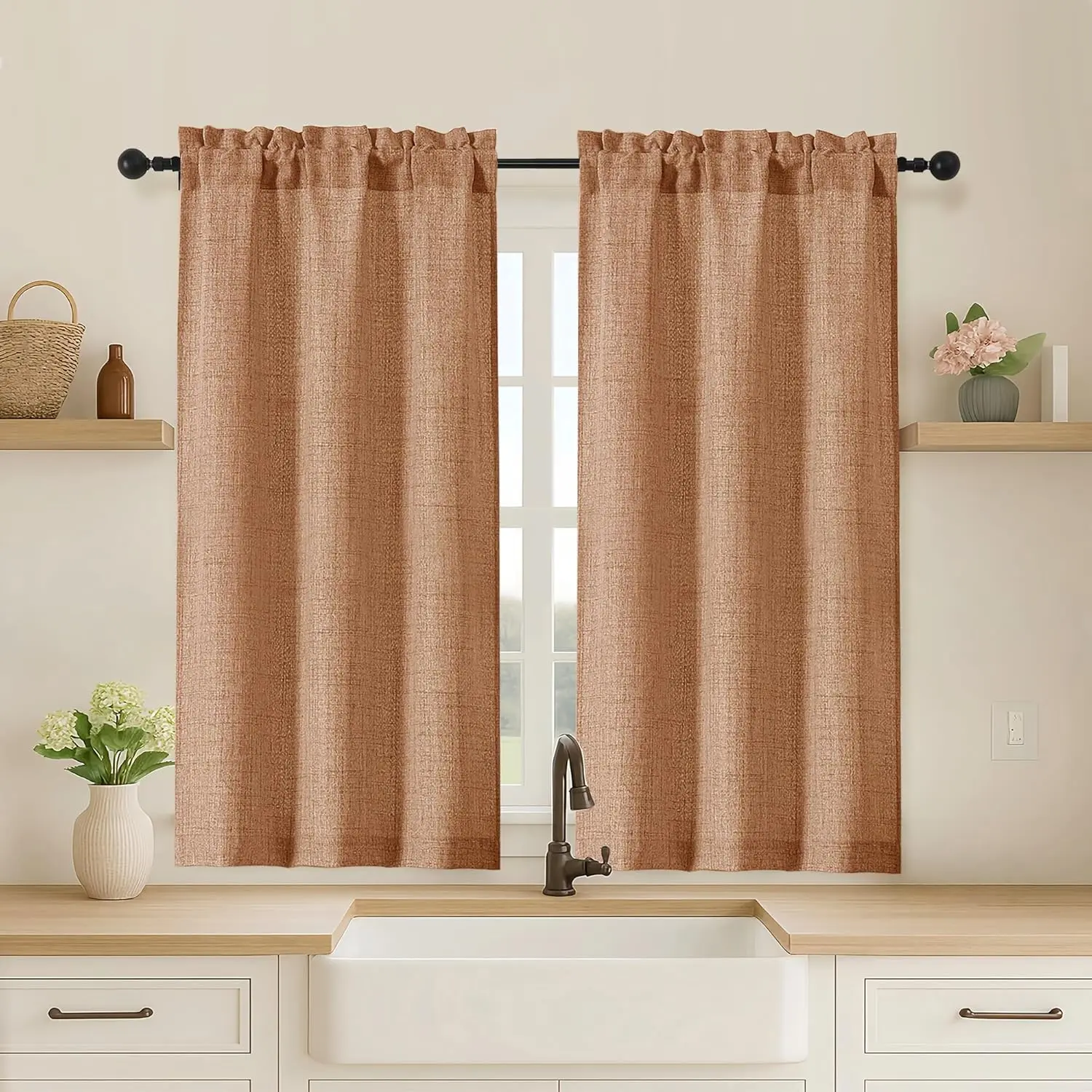 Cafe Curtains 45 Inch Length 2 Panels, Thick Textured Door Curtains, Semi-Privacy Light Filtering Half Short Bedroom Curtains for Small Window Living Room Dining, 2x30Wx45L, Orange