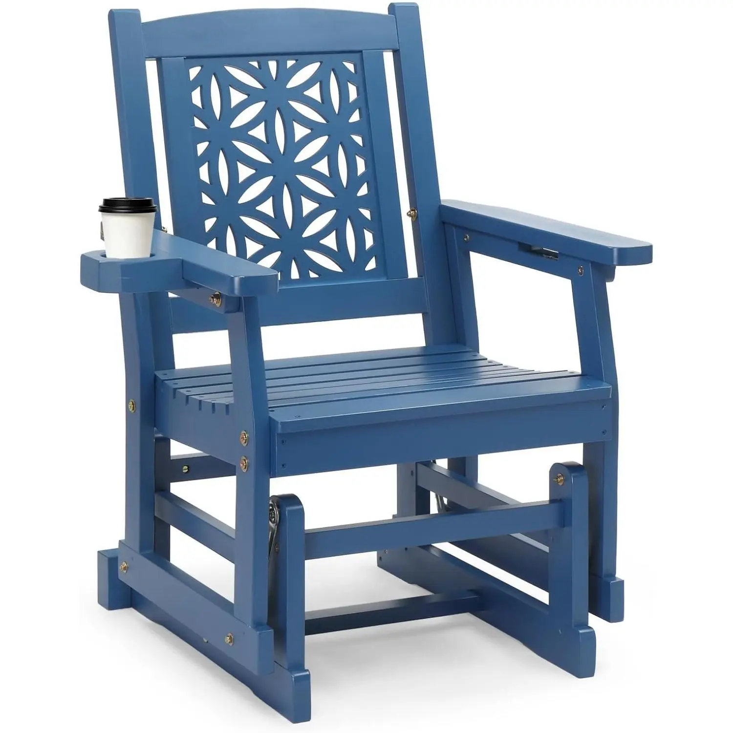 Outvita Fir Wood Outdoor Glider with Floral Backrest, Wooden Patio Gliding Bench with Cup Holders, Smooth Rocking Chair for Garden, Yard & Porch Summervibes