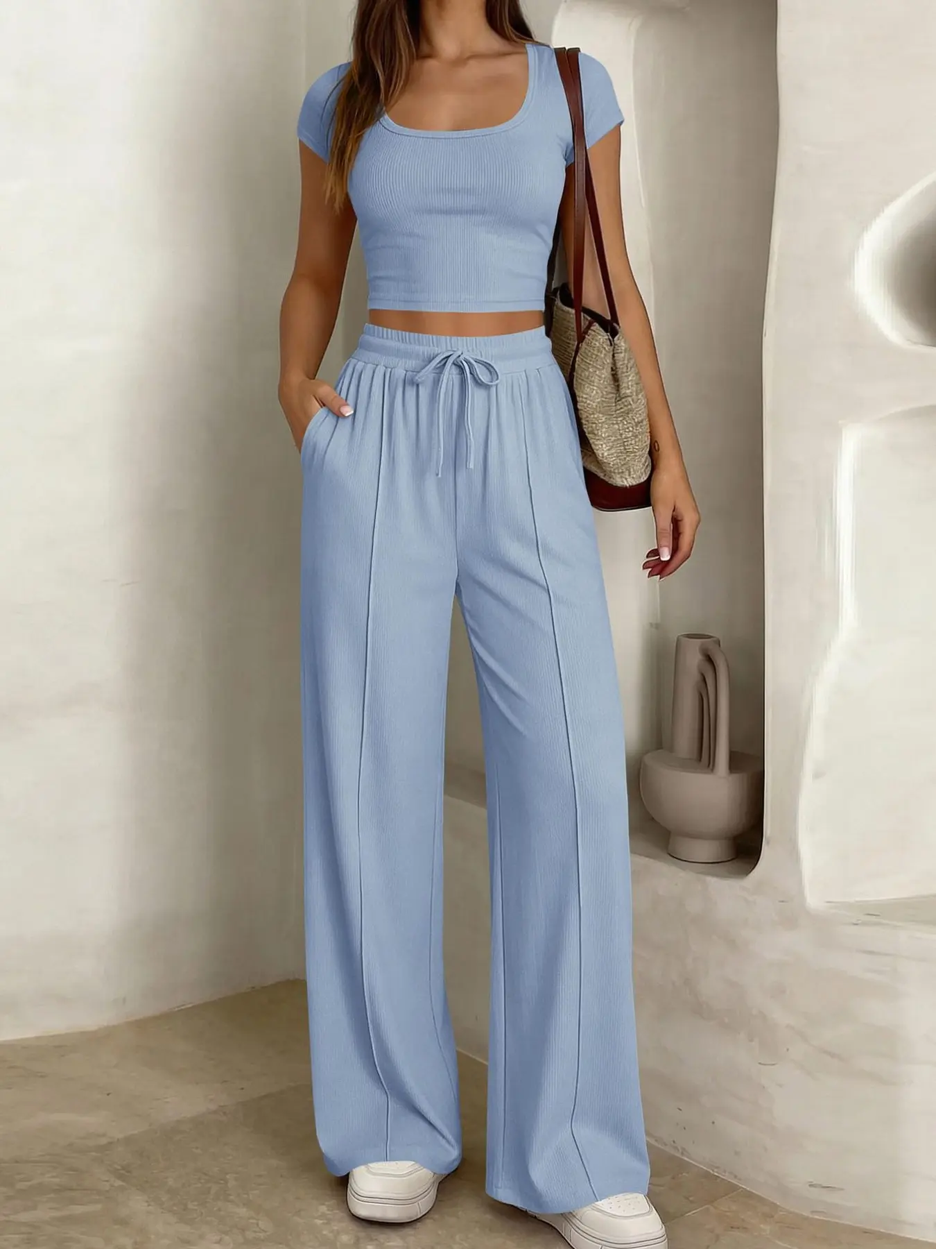 New Summer Autumn Casual Slimming Y2K Two-Piece Set Short Sleeve Top Long Pants Drawstring Cross-Border Commute for Women Clothes Fitted Tee Set