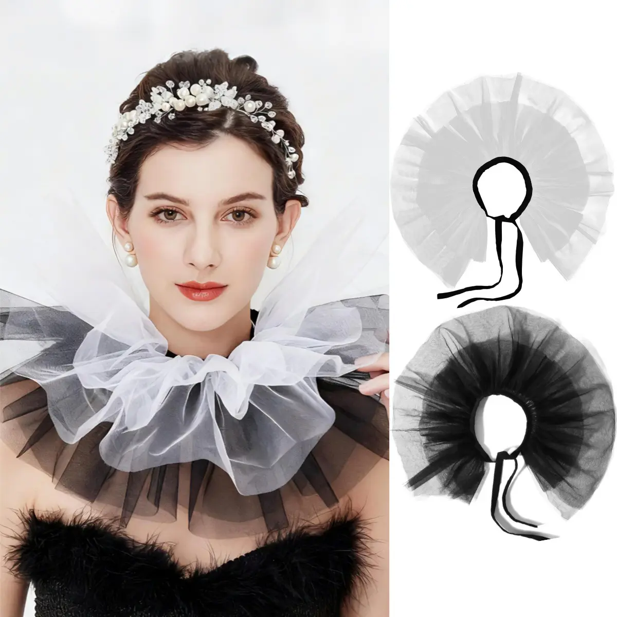 Halloween Gothic Ruff Collar, Victorian Elizabethan Clown Neck Ruff, Soft Reusable Witch Costume Collar, Lightweight Statement Costume Accessory for Cosplay, Haunted House, Stage Performance & Costume Party