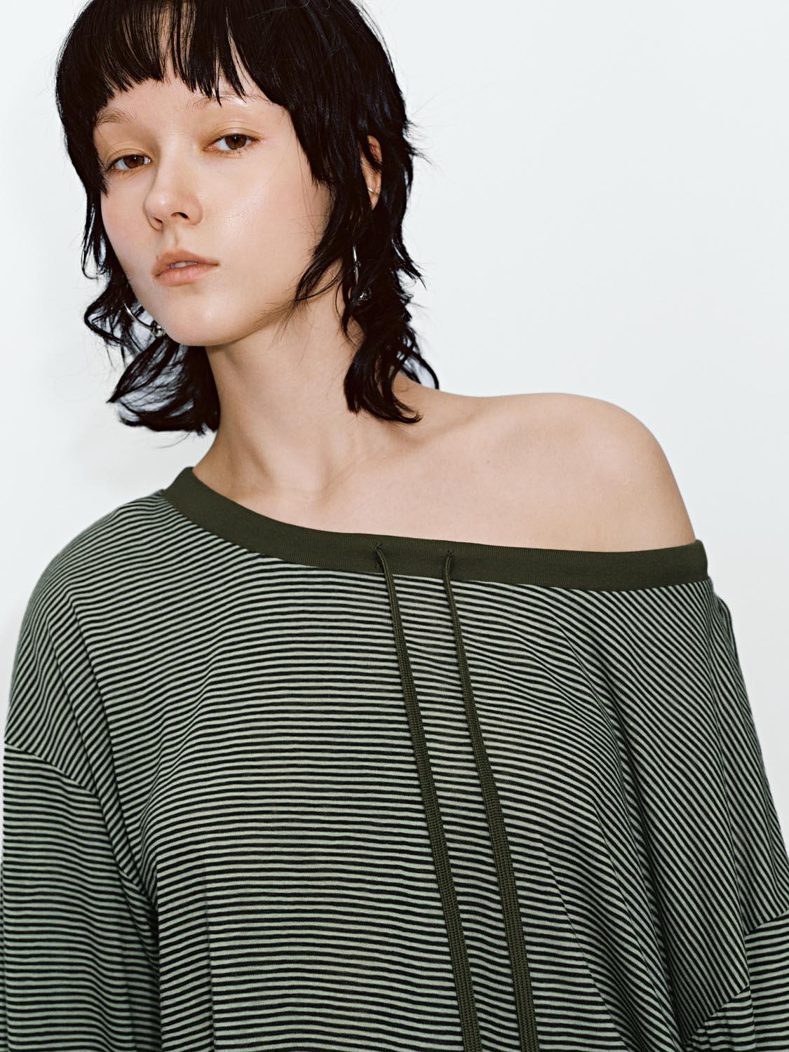 URBAN REVIVO 2026 Summer Women's Trendy Color-Block Stripe Panel Drawstring Tie Lyocell T-Shirt UYV460067