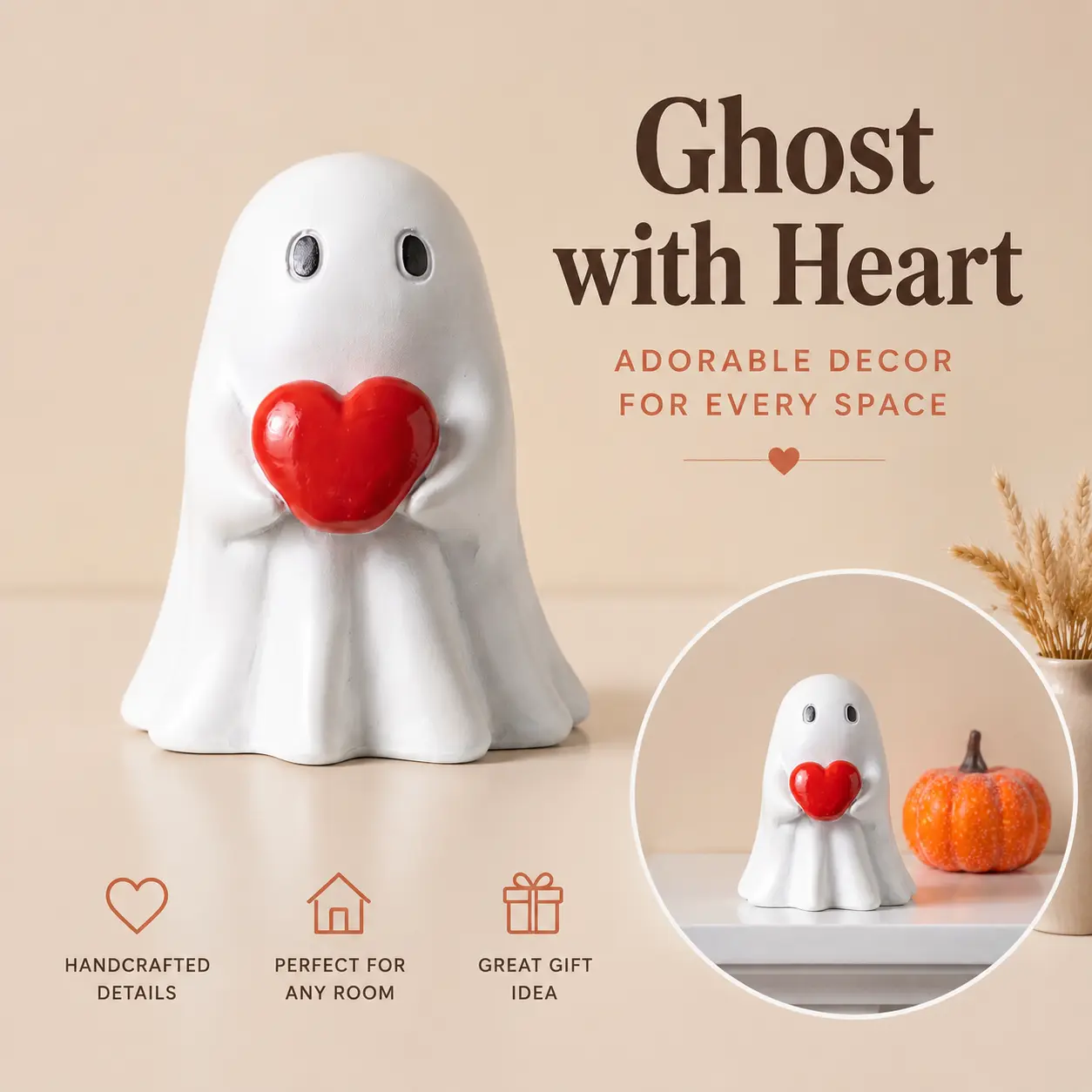 Ghost With Red Heart Resin Figurine, Hand Painted Cute Spooky Tabletop Ornament, All Season Desktop Decor Gift, For Women Couple Valentine Halloween Home Bedroom Desk Decorations-YY0