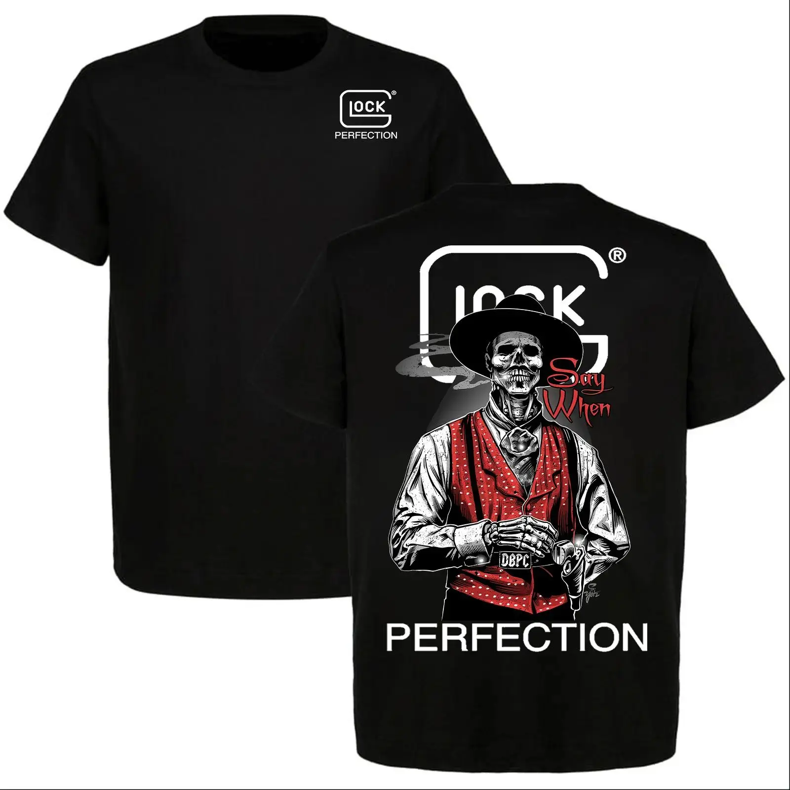 Glock Skeleton Cowboy “Say When” Old West T-Shirt, Glock Perfection Outlaw Tee, Vintage Cowboy Style, Full Size, Full Color t0812