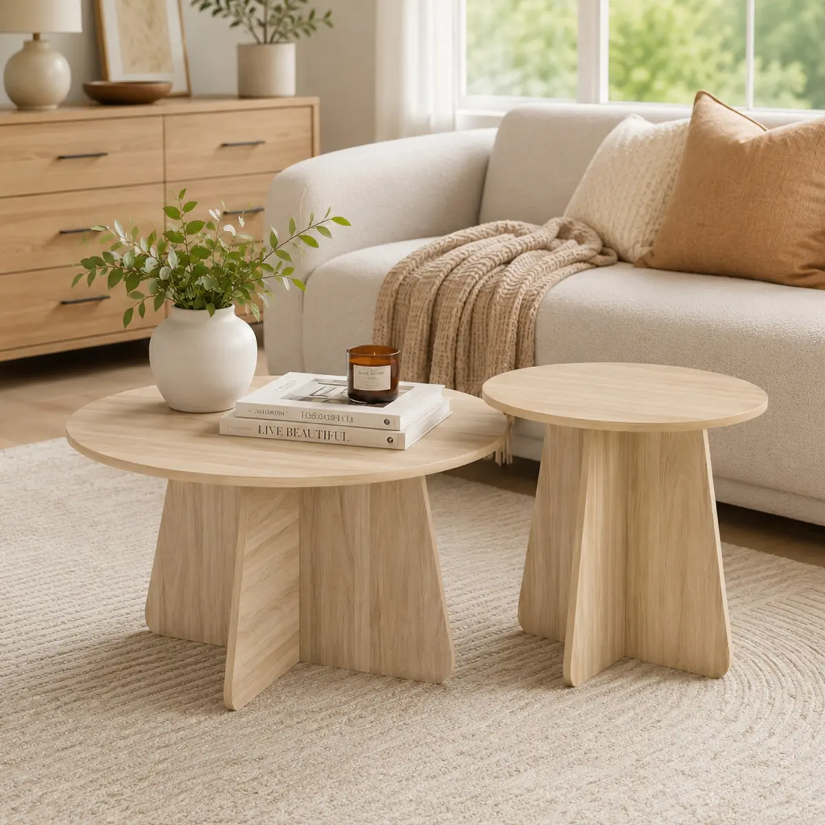 [Bellemave] Retro-Style Nesting Coffee Table Set, Round Nesting Side Tables With Crisscross Legs, Ideal for Living Rooms and Dining Rooms