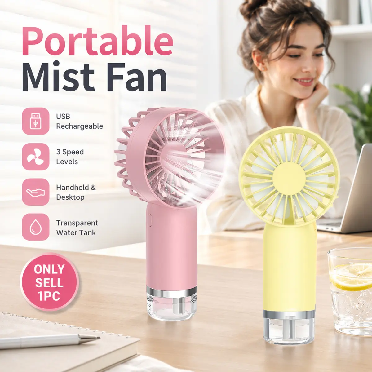 Portable Misting Fan, USB Rechargeable Handheld Water Mist Fan with 3-Speed Airflow, Fine Spray Humidification, Transparent Water Tank and Compact Lightweight Design,Small Fan Rechargeable, Mini Spray Water Mist Fan, for Travel, Camping, Home, Office