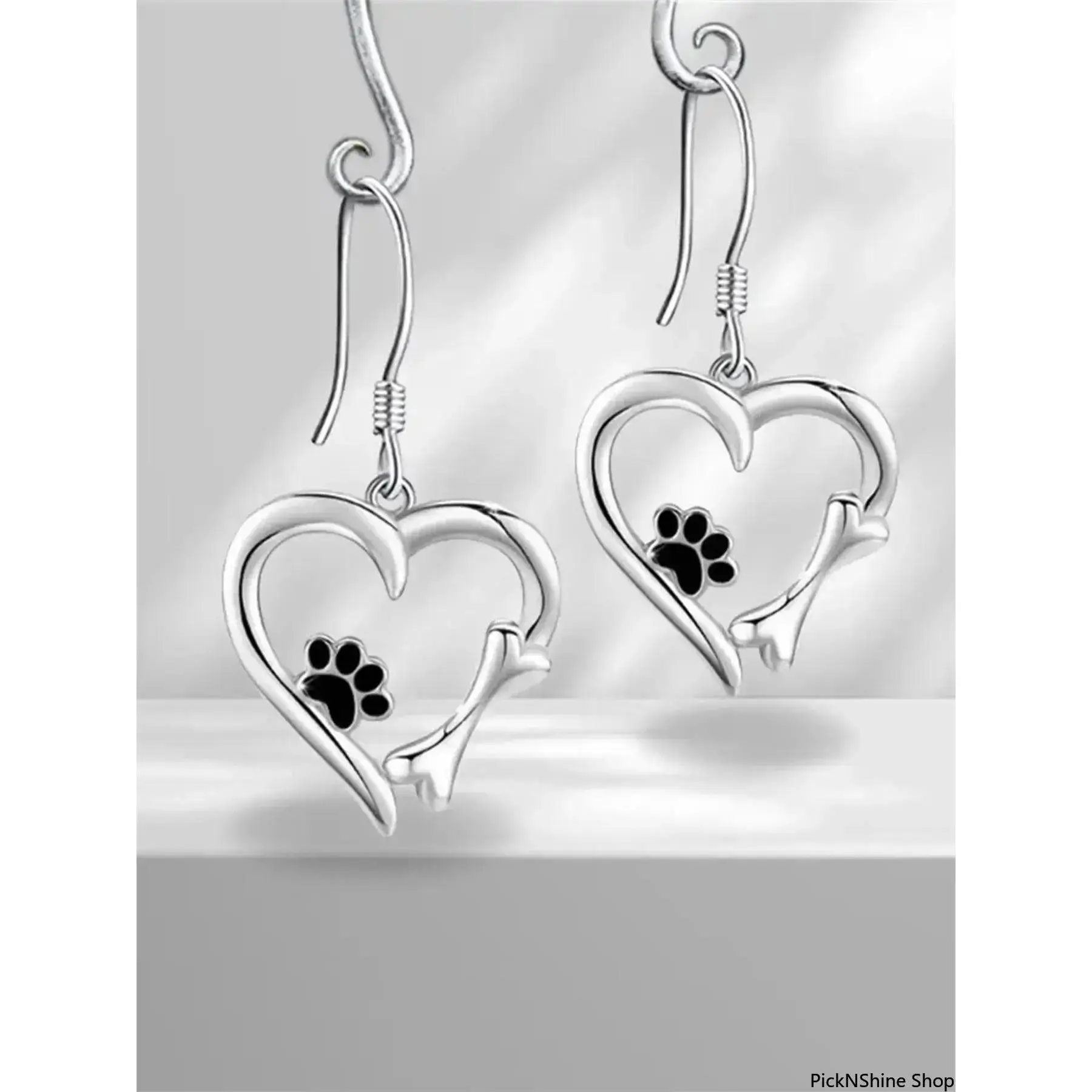 2026 Silver Tone Heart-Shaped Paw Print & Bone Dangle Earrings, Cute Pet Lover Design, Minimalist Hook Drop Statement Jewelry for Women, Ideal for Daily Wear & Gifting