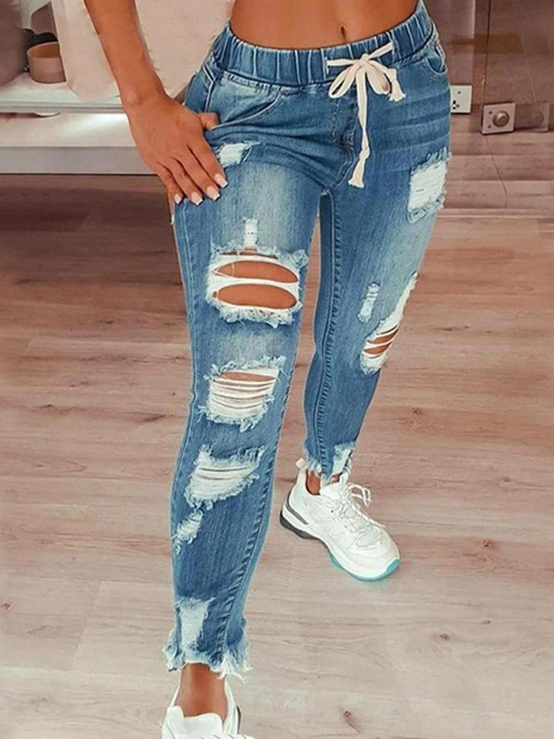 【Plus Size】 Solid Color Ripped Jeans, Casual Fashion Denim Pants for Daily Outdoor Wear, Women Plus Clothing for Summer 【Plus Size】 Solid Color Ripped Jeans, Casual Fashion Denim Pants for Daily Outdoor Wear, Women Plus Clothing for Summer