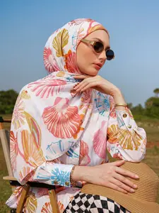 1pc Fashion Beach Element Colorful Shell Single-Sided Digital Print Hijab Scarf, Women's Elegant Printed Cotton Linen, Muslim Casual Long Shawl